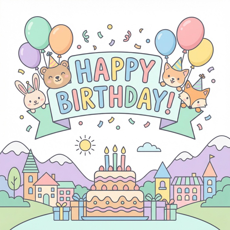 A cheerful birthday greeting card with balloons, a cake and animal friends
