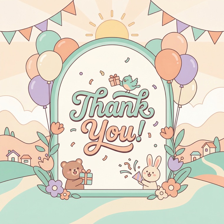 Thank You greeting card with a sunrise and a village celebration